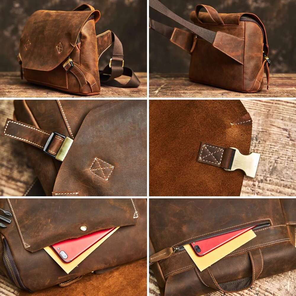 NUPUGOO Men's Genuine Leather Shoulder Retro Crossbody Messenger Daily Commuter Cowhide Large Capacity Bag