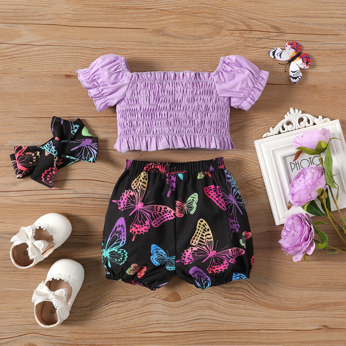 PatPat 3pcs Baby Girl 100% Cotton Off Shoulder Puff-sleeve Bow Front Shirred Top and Allover Butterfly Print Shorts & Headband Set