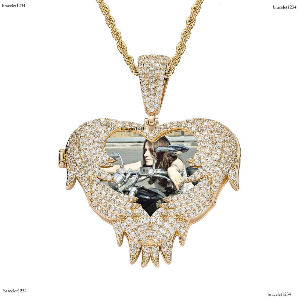 Luxury designer Flip Heart Photo Pendant Gold silvered Ice out VVS Moissanstone Hip Hop Men Women's Frame Necklace with FREE shipping