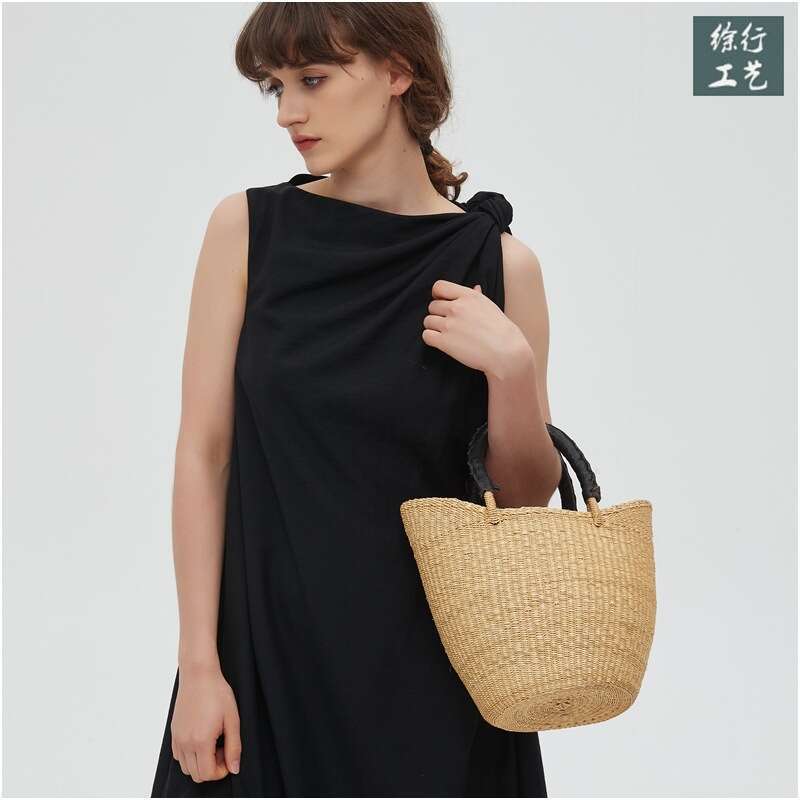 Ins Style Resort Beach Bag Straw Woven U Shaped Handmade Water Bucket Vegetable Basket Women S Bag Rattan Vacation Beach Handbag KQ