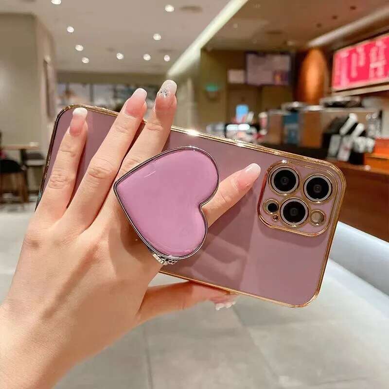 3D Love Bracket Plating Case For IPhone15 14 13 12 Fashion Solid Color Shock-Proof Anti-Fall Mobile Phone Cases
