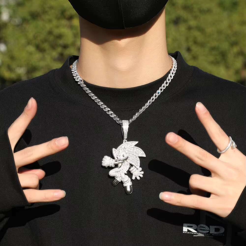 Lucky Wholesale Hip Hop Enamel 14k 18k Gold Plated Iced Out Baguette Diamond Blue Fast Sonic Pendant Necklace