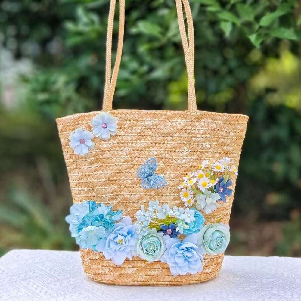 Ins Style Resort Beach Bag French Style Niche Wheat Straw Vegetable Basket One Shoulder Hand Held Large Capacity Grass Beach Vacation Woven Bag Summer