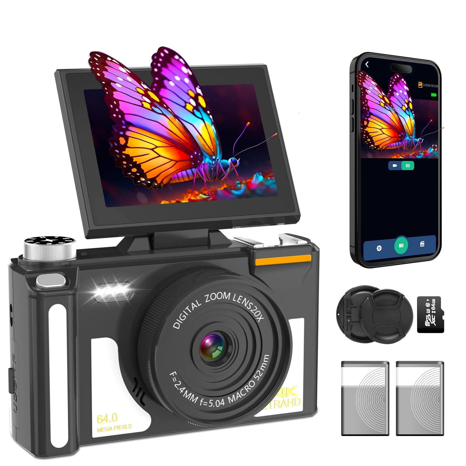 4K Digital Camera for Photography,Autofocus,64MP Vlog Camera for YouTube, 3" 180° Flip Screen, 20X Digital Zoom Point Compact Camera, with Flash 