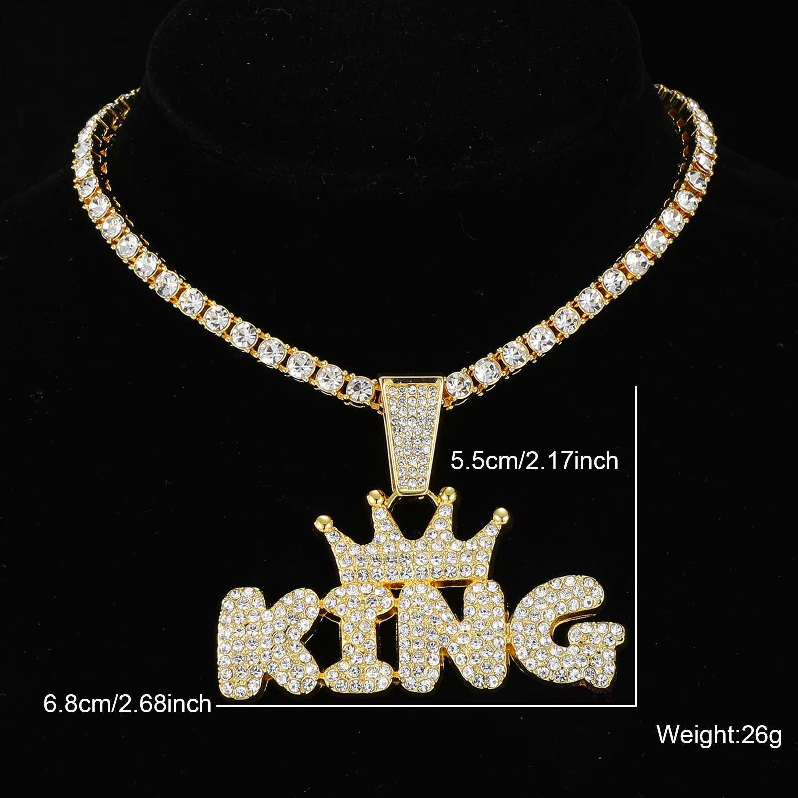 2023 Iced Out Cuban Chain Prong Chain Tennis Chain with Alloy and Bling Rhinestone Hip Hop King Letter Pendant Necklace