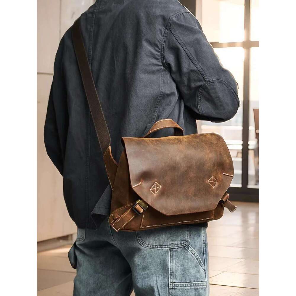 NUPUGOO Men's Genuine Leather Shoulder Retro Crossbody Messenger Daily Commuter Cowhide Large Capacity Bag