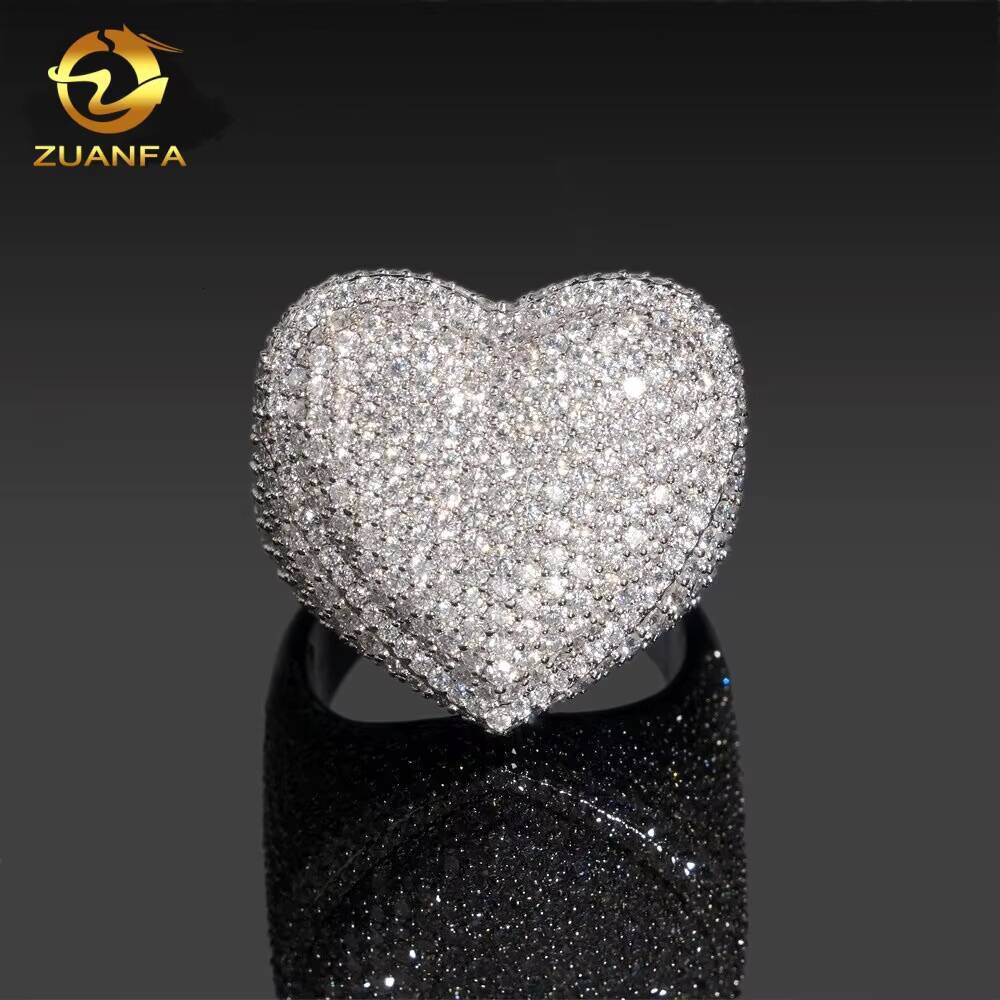 Ready to Ship Heart Shape Hip Hop Rapper VVS Moissanite Fine Jewelry Diamond Iced Out Jewelry 925 Silver Ring for Men