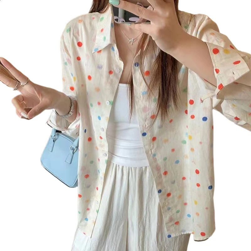 Fashion Polka Dot Printing Women Shirt Loose Sweet Casual Blouses Office Women Summer Long Sleeve Sunscreen Lady Tops Clothes 250421