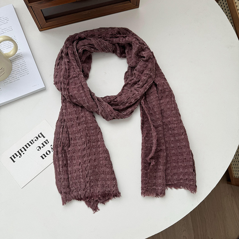 K486 Cotton and linen scarf for women new summer solid color retro rough fur edge sunscreen breathable multi-purpose silk scarf neck protection neck s