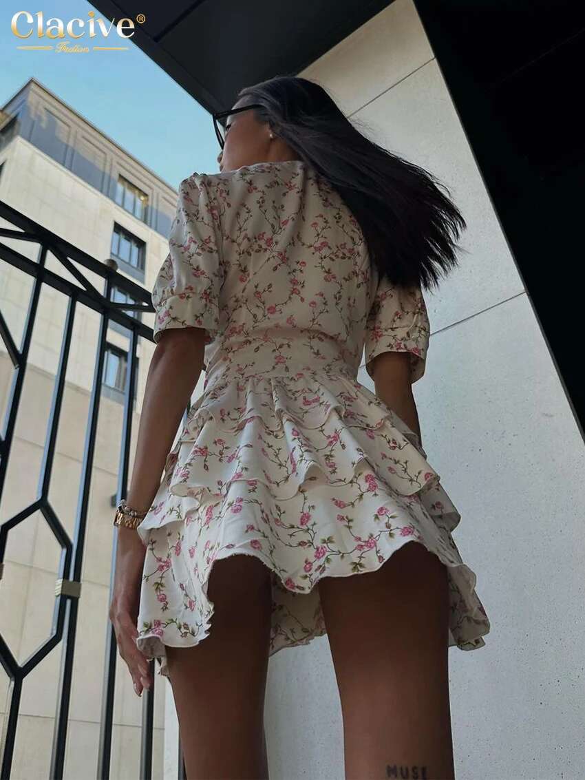 Clacive Summer Slim Print Women's Sexy V-Neck Short Sleeve Mini Dresses Elegant High Waist Pleated Female Dress