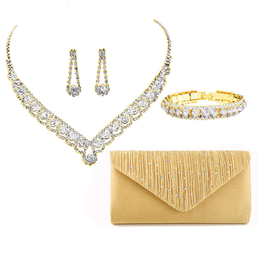 Bridal Jewelry Set Of Four Blue Zircon Necklaces, Earrings, Bracelets, Satin Hot Diamonds, Handheld Bag, Dinner Bag
