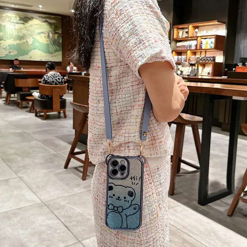 Cute glitter bear for iphone 14 13 12 11Promax new crossbody lanyard iPhone 14/15plus phone case