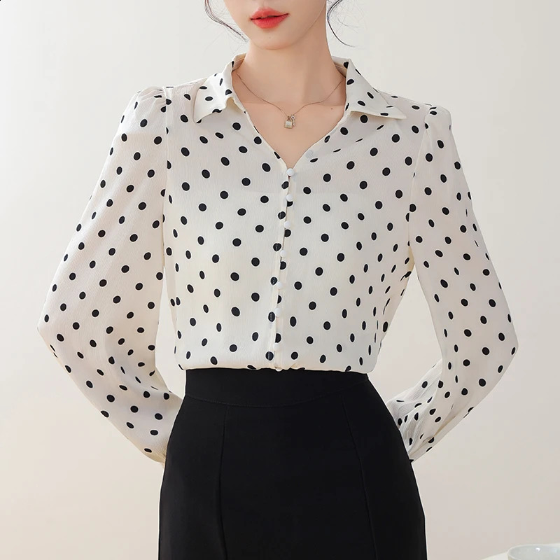 2025 Spring Casual Shirts Long Sleeve Turn Down Collar Fashion Women Shirt Dot Elegant Blouse Women Tops Camisas De Mujer N530 250421