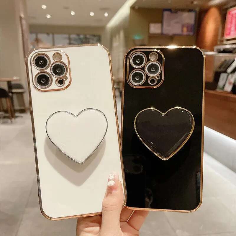 3D Love Bracket Plating Case For IPhone15 14 13 12 Fashion Solid Color Shock-Proof Anti-Fall Mobile Phone Cases