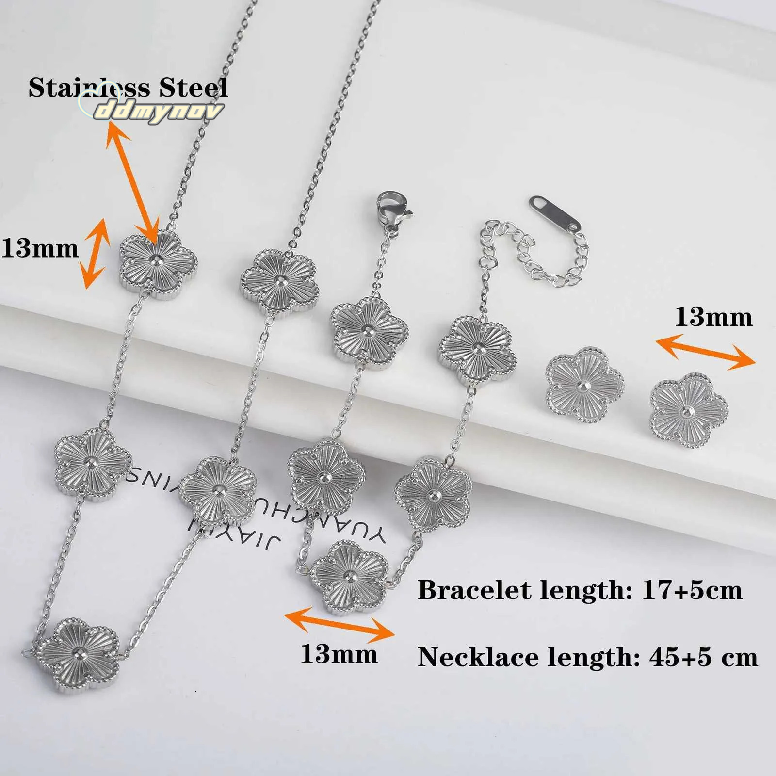 Simple Stainless Steel Flower Five Leaf Necklace Bracelet Earrings Plated Jewelry Set For Women Girl Gift Clover ddmynov