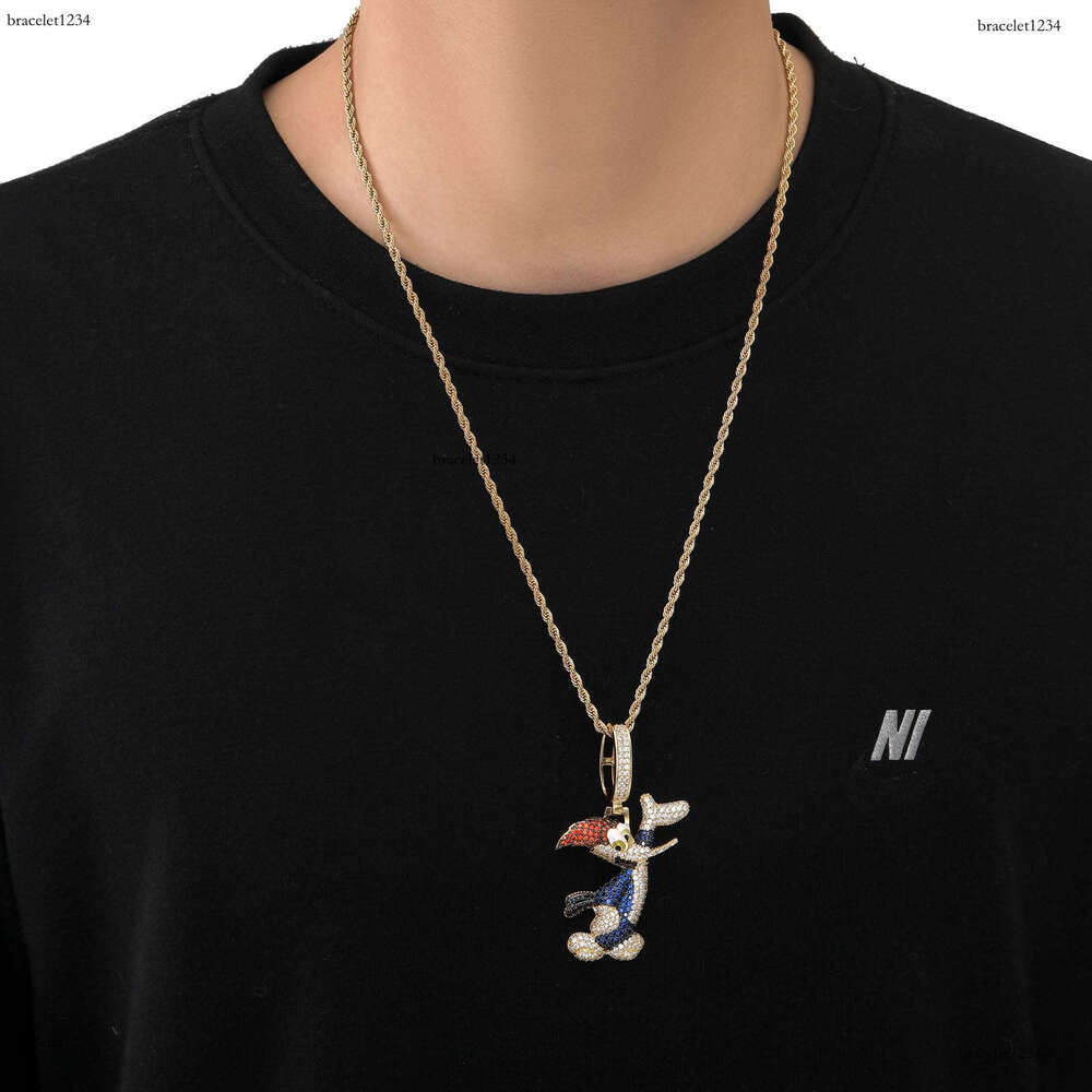 Luxury designer Cartoon Woodpecker Pendant Ice out VVS Moissanstone Hip Hop Men Women's necklace with free shipping