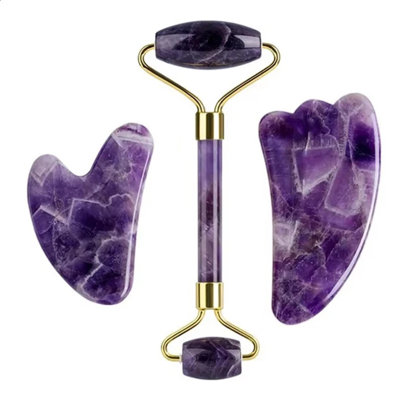 Cold Amethyst Eye Mask Natural Jade Roller Gua Sha Massager Gouache Scraper Set Eye Mask Face Skin Care Massage Tools 250418