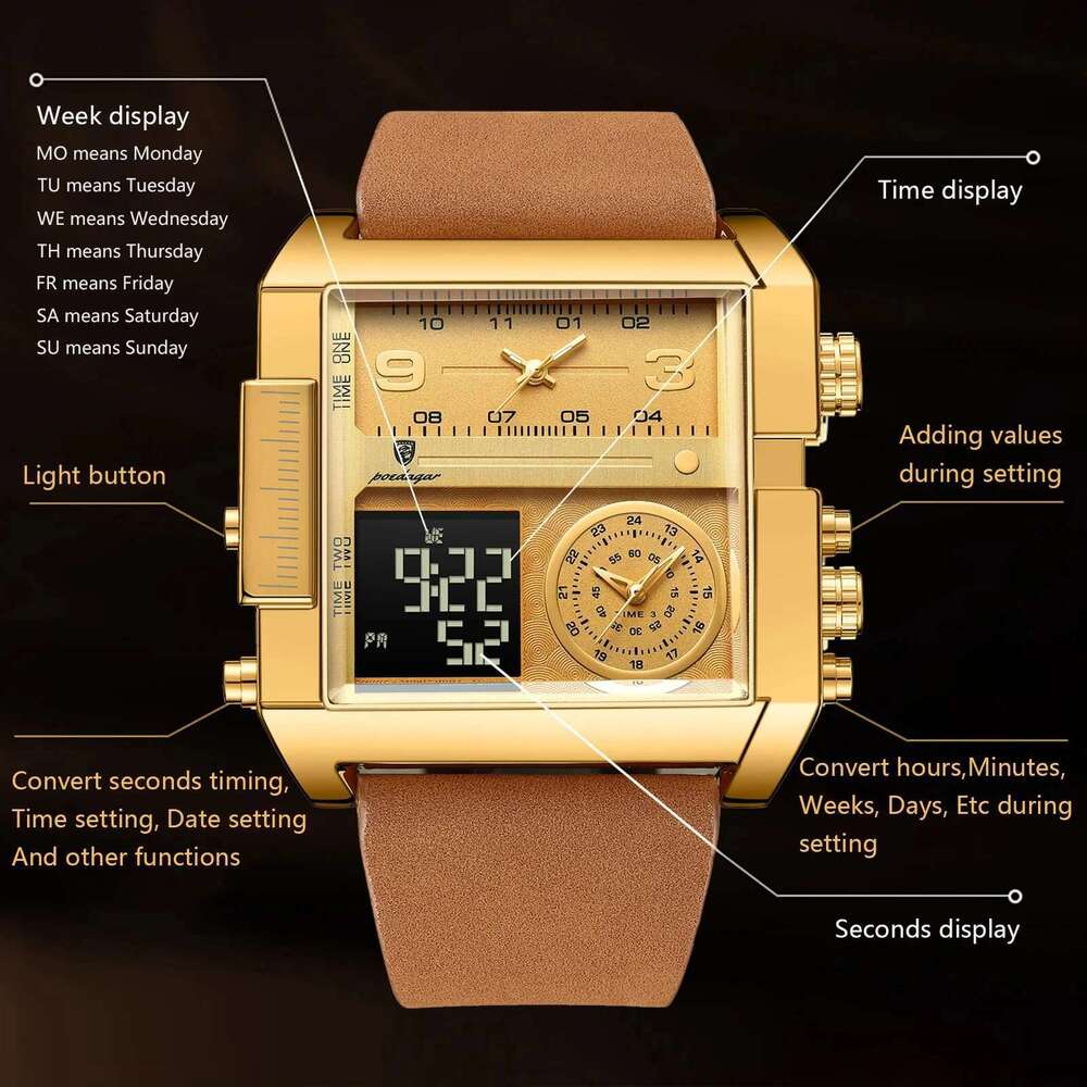 Man Wristwatch Rectangle Waterproof Luminous Day Week Men Watch Digital Multifunction Men's Watches Quartz Reloj