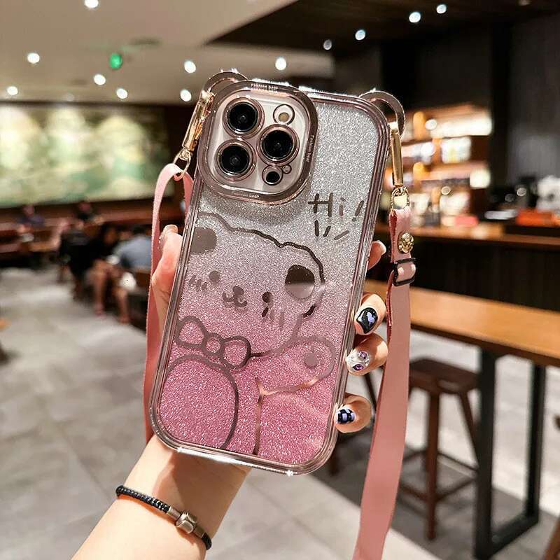 Cute glitter bear for iphone 14 13 12 11Promax new crossbody lanyard iPhone 14/15plus phone case