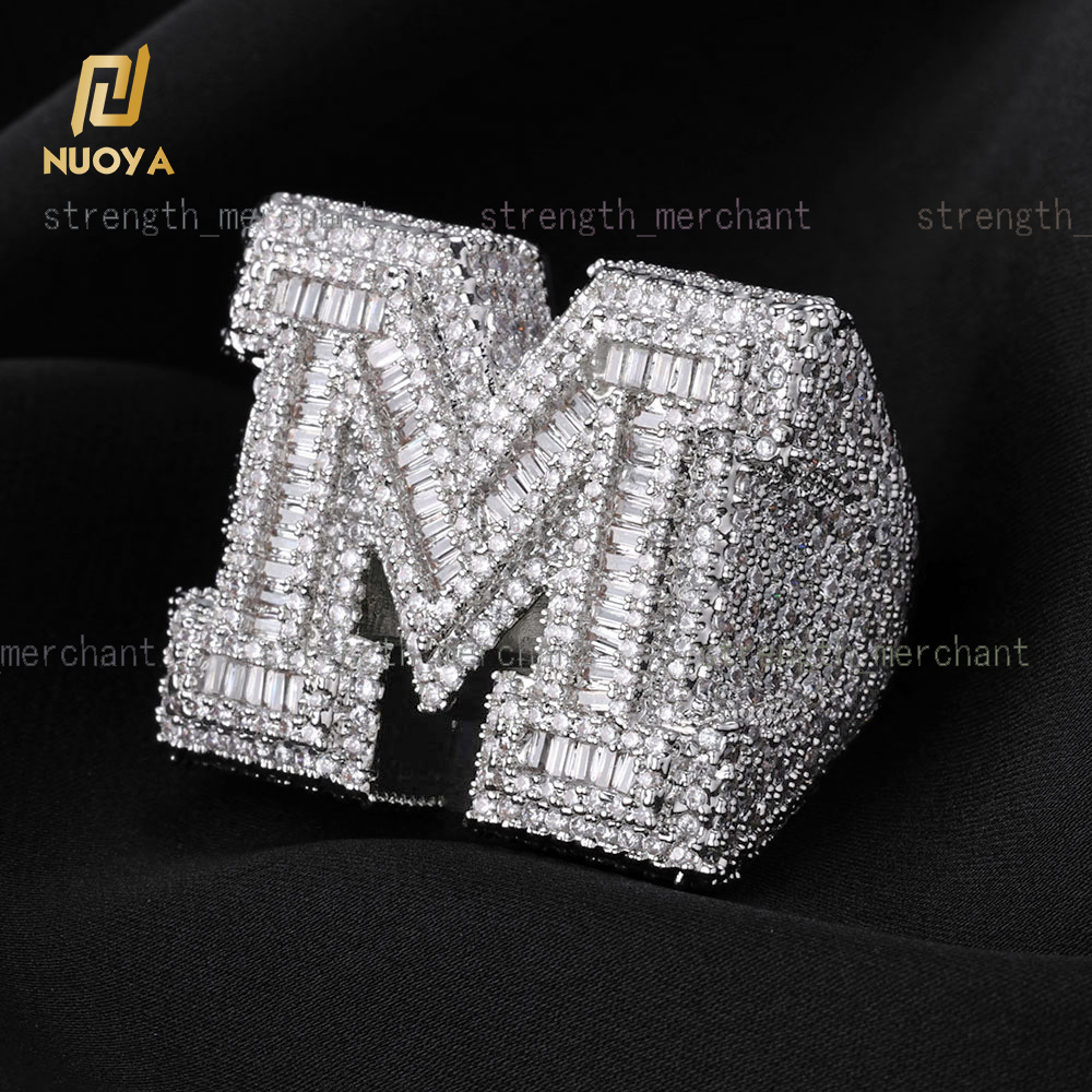 moissanite ring Custom Shiny Diamond Jewelry Initial Letter Micro Pave Baguette Zircon White Gold Plated Iced Out 26 Letters Hip Hop Ring