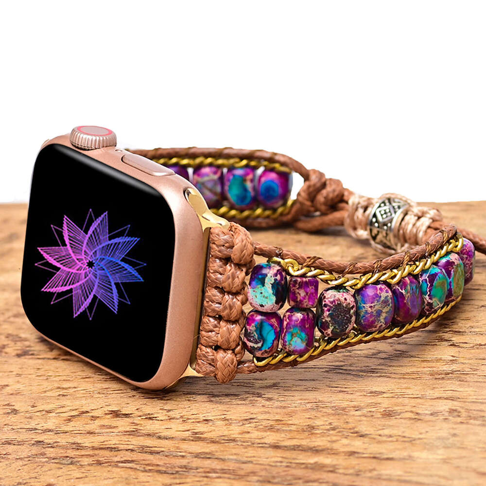 Deep Blue Purple Flower Emperor Stone Beads Handmade Woven with Bohemian Apple Watch Strap