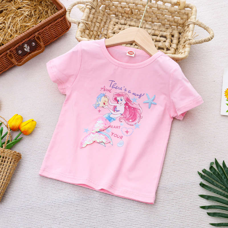 DISNEY Kids designer clothes Frozen Elsa princess cartoon printed T-shirt for baby girl summer children's clothes short-sleeved.