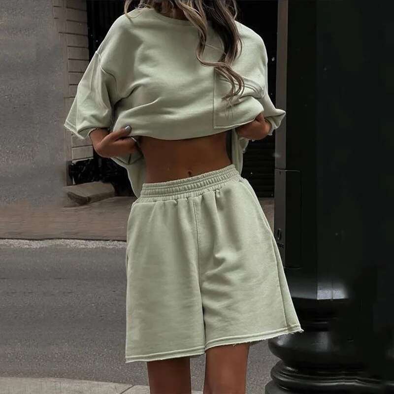 Women's 2 Set Summer Short Sleeve Round Neck Loose T-Shirt Top Wide Leg Shorts Suit Two Piece Oversized Outfits