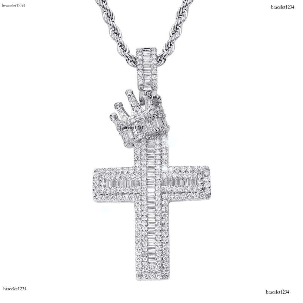 Luxury designer Crown Cross with real gold plated sterling silver set Ice out VVS Moissanite Hip Hop Men Women Necklace Pendant Free shipping