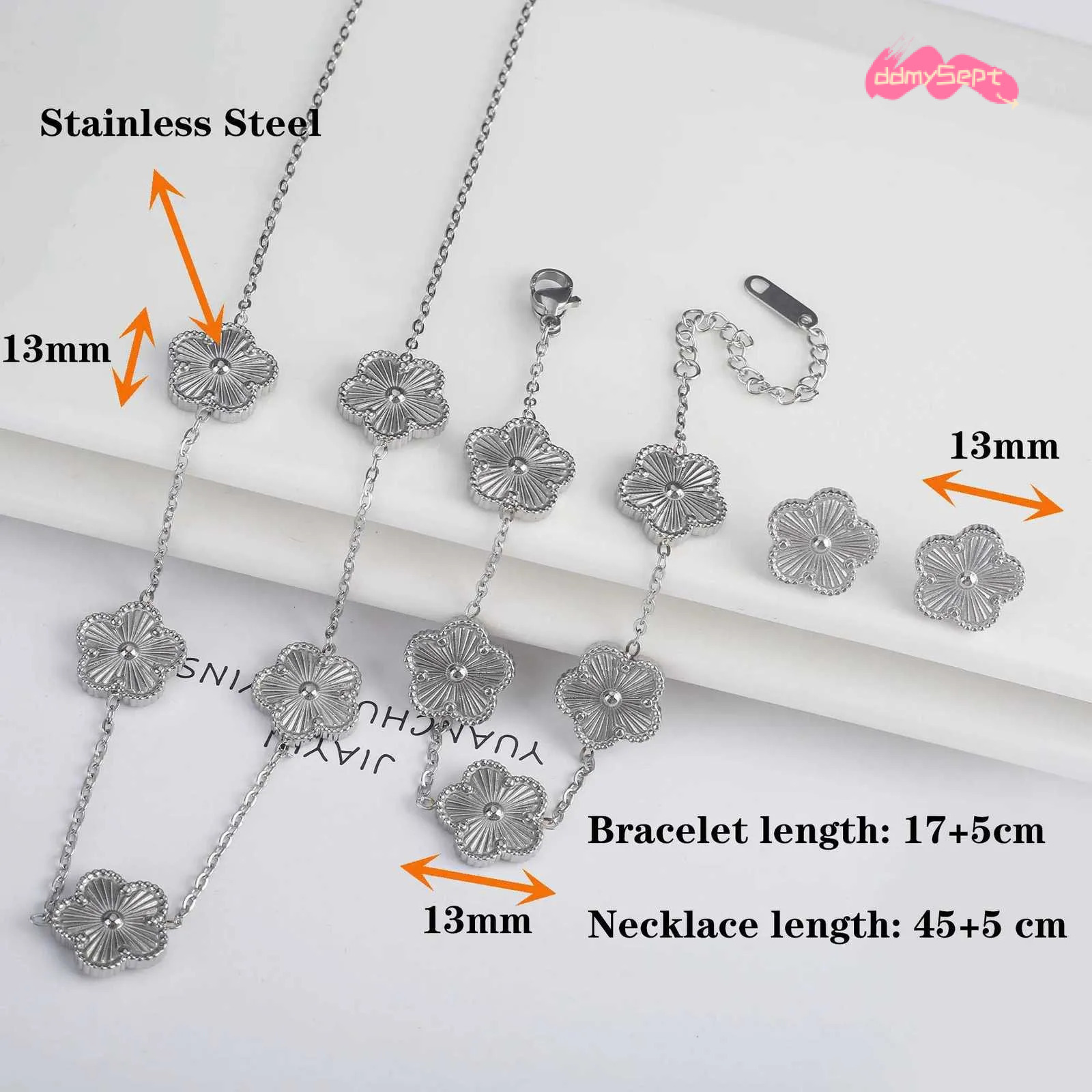 Simple Stainless Steel Flower Five Leaf Necklace Bracelet Earrings Plated Jewelry Set For Women Girl Gift Clover ddmysept