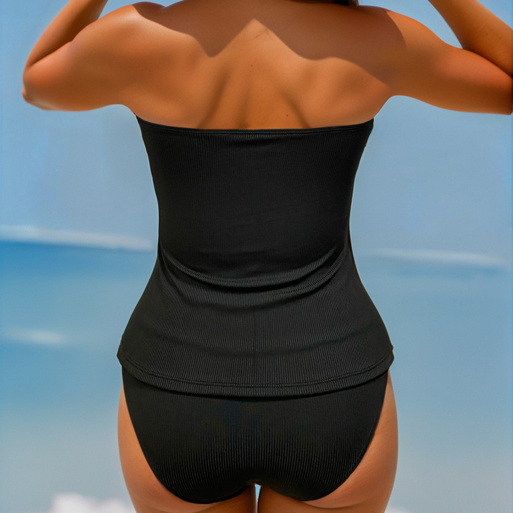 Ribbed Material Strapless Geometric Print Mesh Embellished High Waist Ruched Design Black Soft Cups Padded Tankini Set
