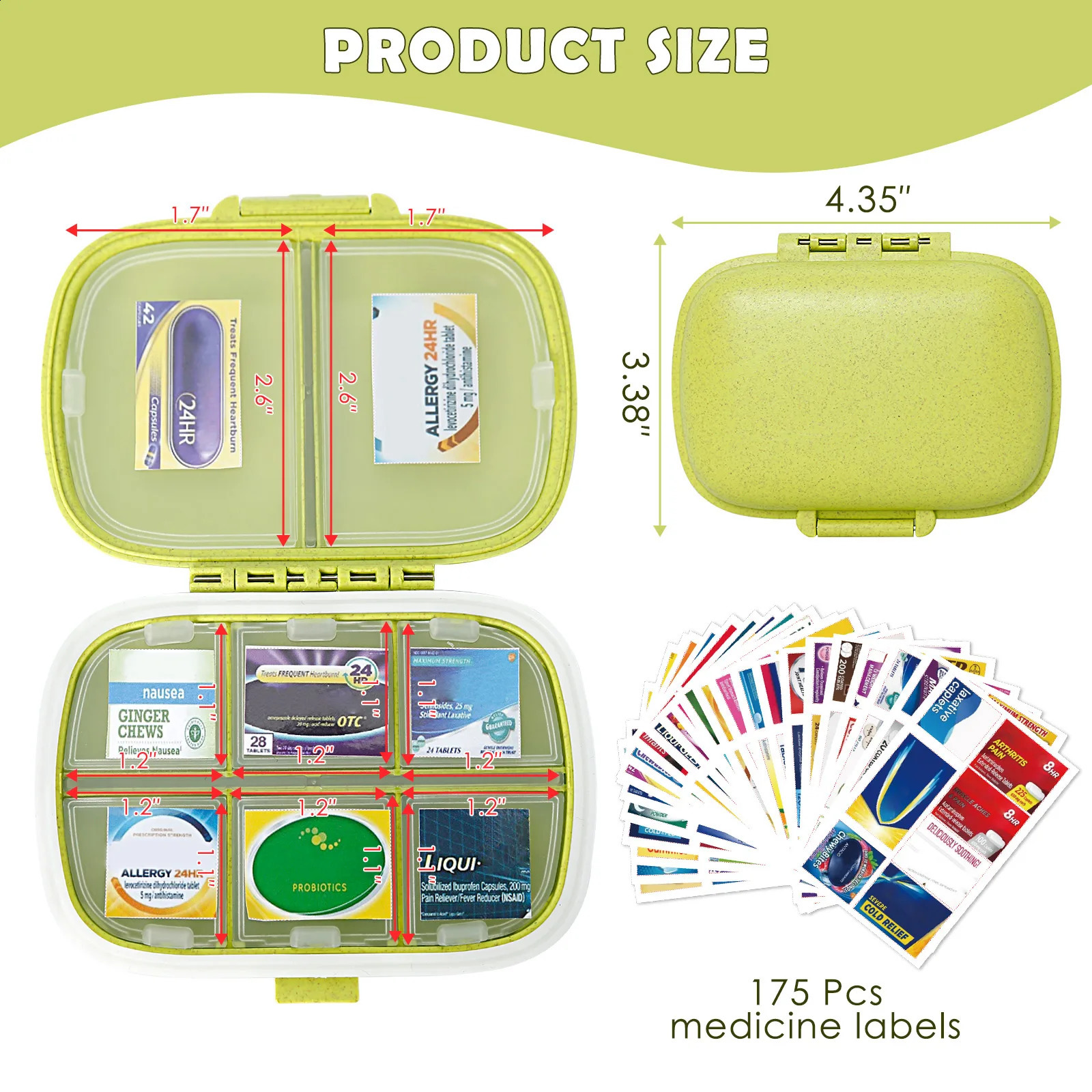 Pill Organizer 8 Compartments Storage Container w/ 175 Labels Medication Moisture Proof Storage Mini Case Travel First Aid Kit R250423