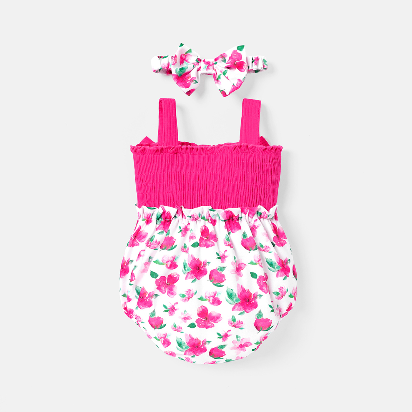 PatPat 2pcs Baby Girl Solid & Floral-print Spliced Bow Front Sleeveless Romper with Headband Set