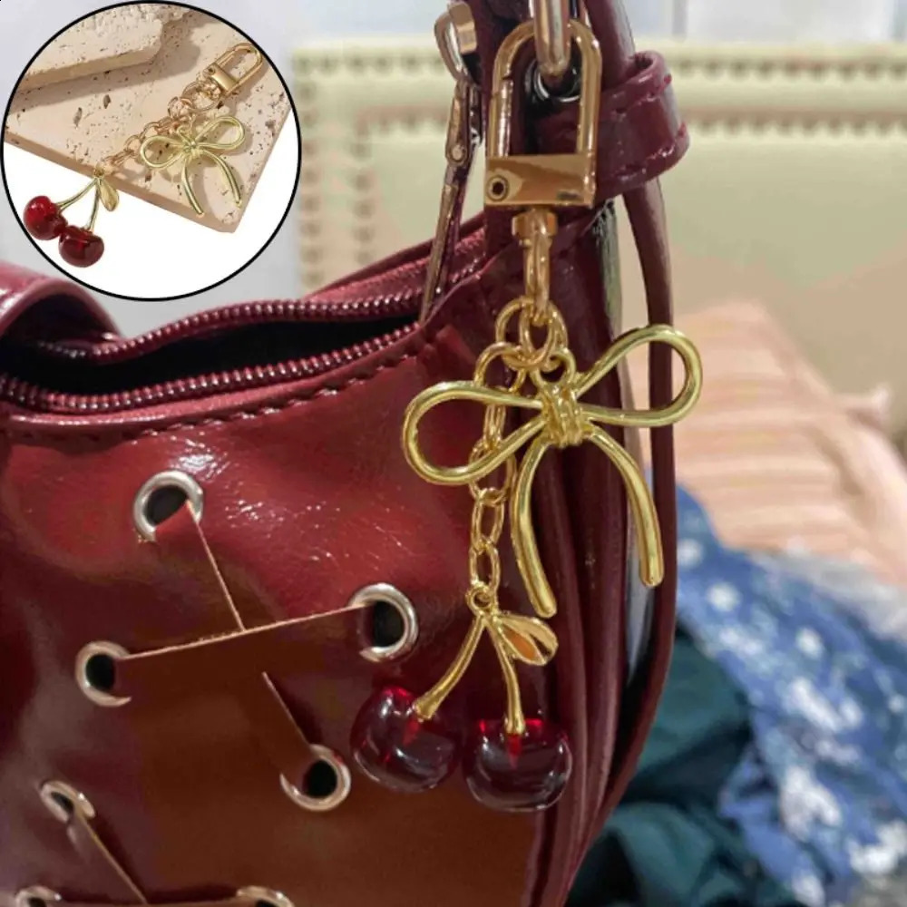 Cute Red Cherry Bag Pendant Bow Alloy Keychain Crystal Keyring Women R250423