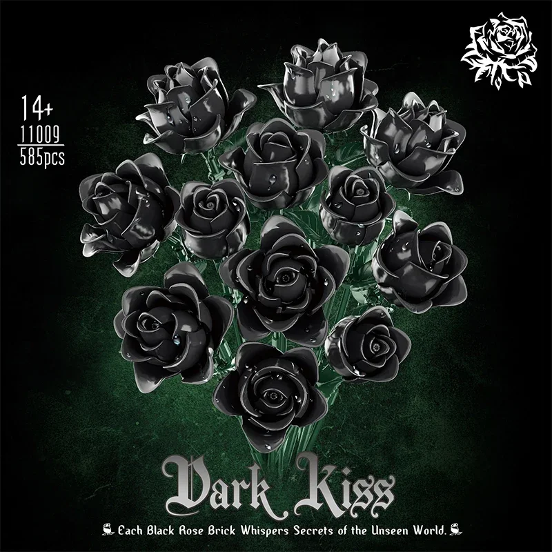 12 Black Rose Building Block Plant Bouquet Simulated Roses Flowers Gothic Decoration Home Display Holiday Gifts Kids Toys