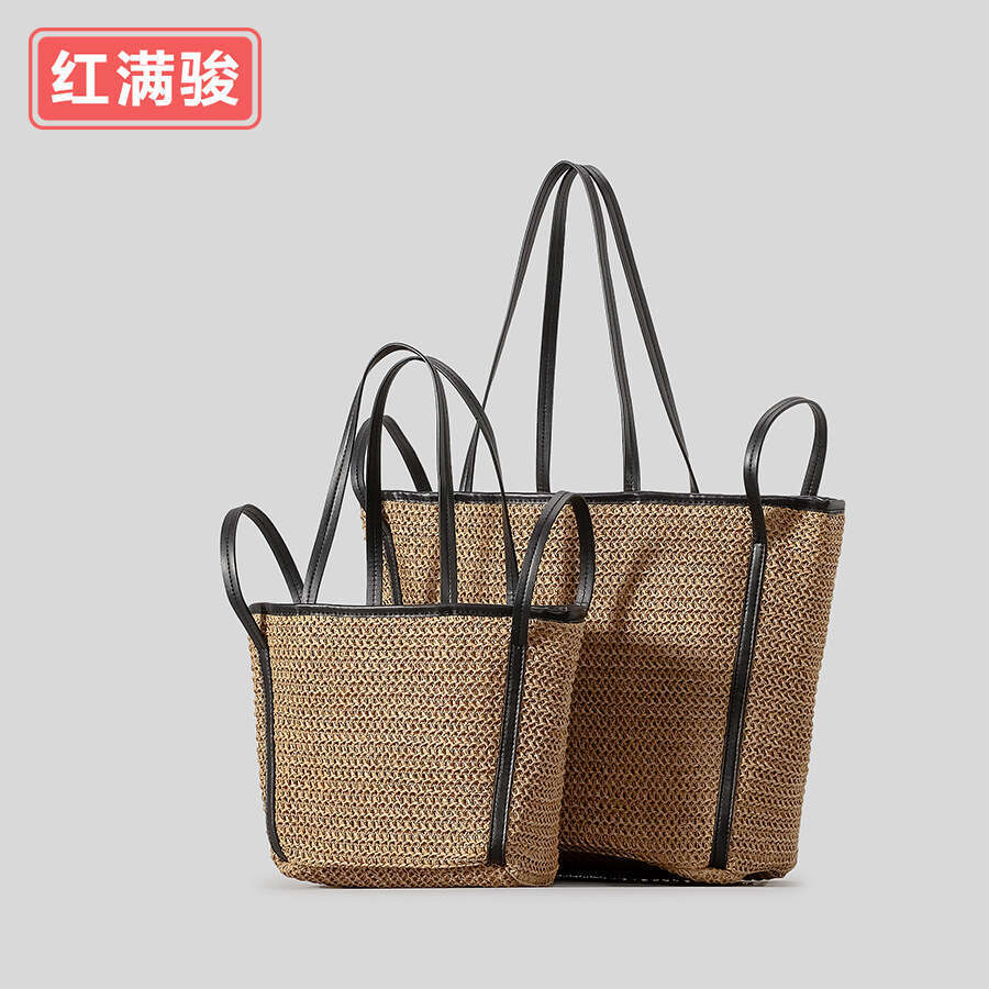 Ins Style Resort Beach Bag New Leather Shoulder Strap Contrasting Women S Large Capacity Seaside Vacation Style Bag Summer Grass Woven Bag KQ