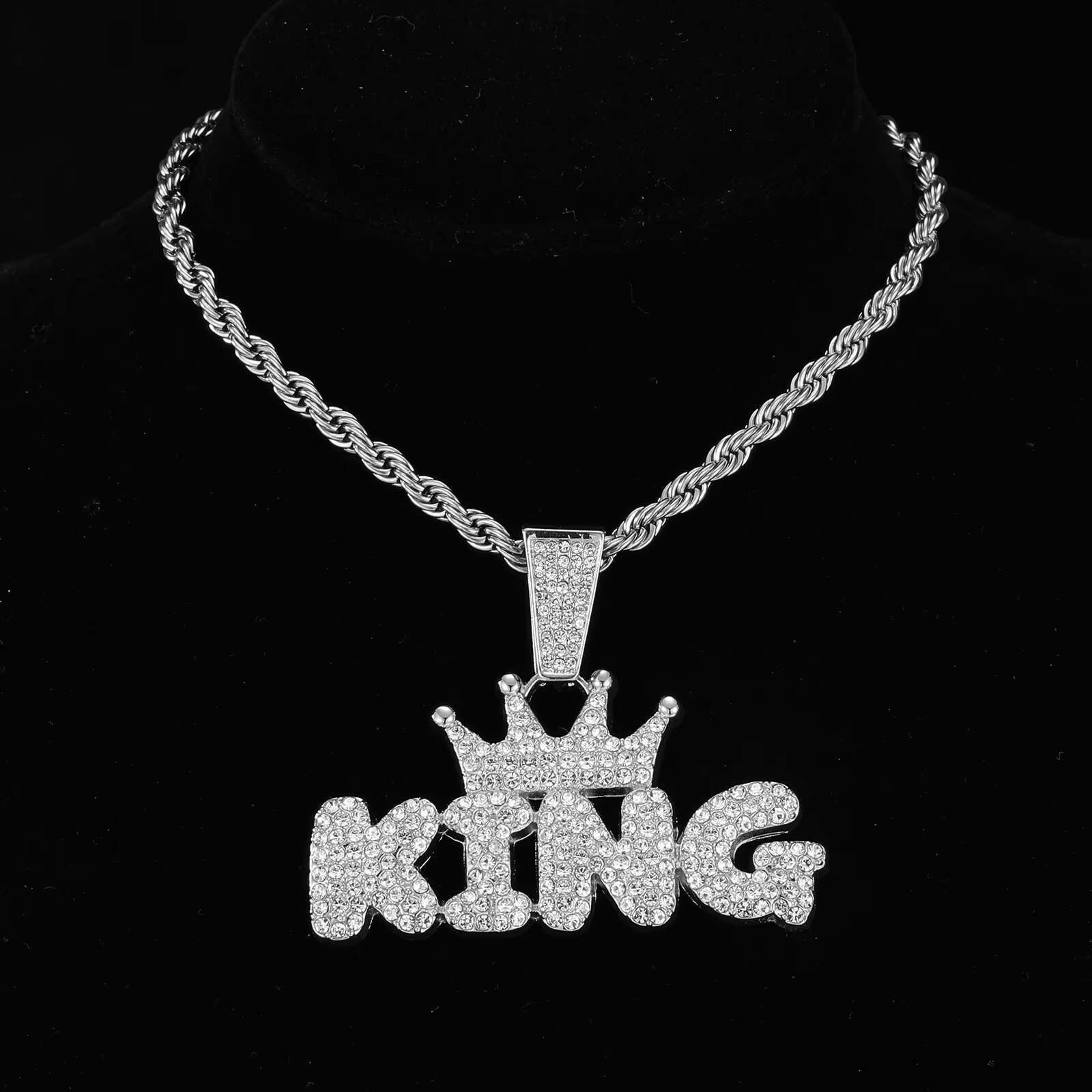 2023 Iced Out Cuban Chain Prong Chain Tennis Chain with Alloy and Bling Rhinestone Hip Hop King Letter Pendant Necklace