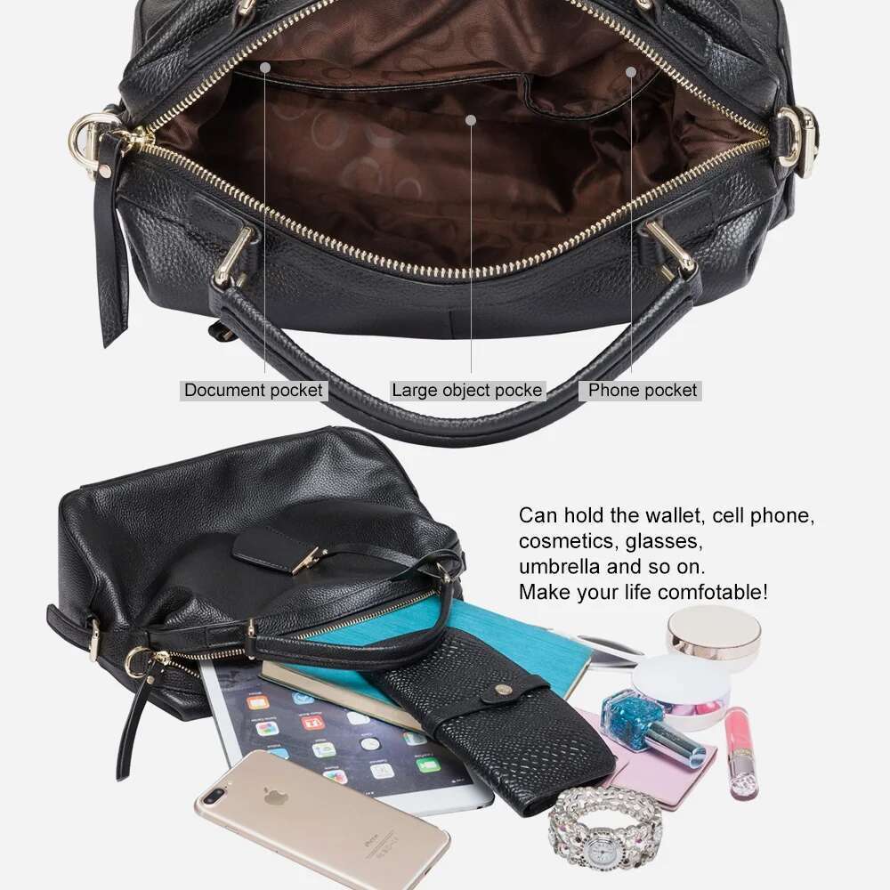Zency Dark Blue Women Boston Bag Genuine Leather Handbags Female Charm Crossbody Purse Shoulder Bags For Work Shoppi Bag