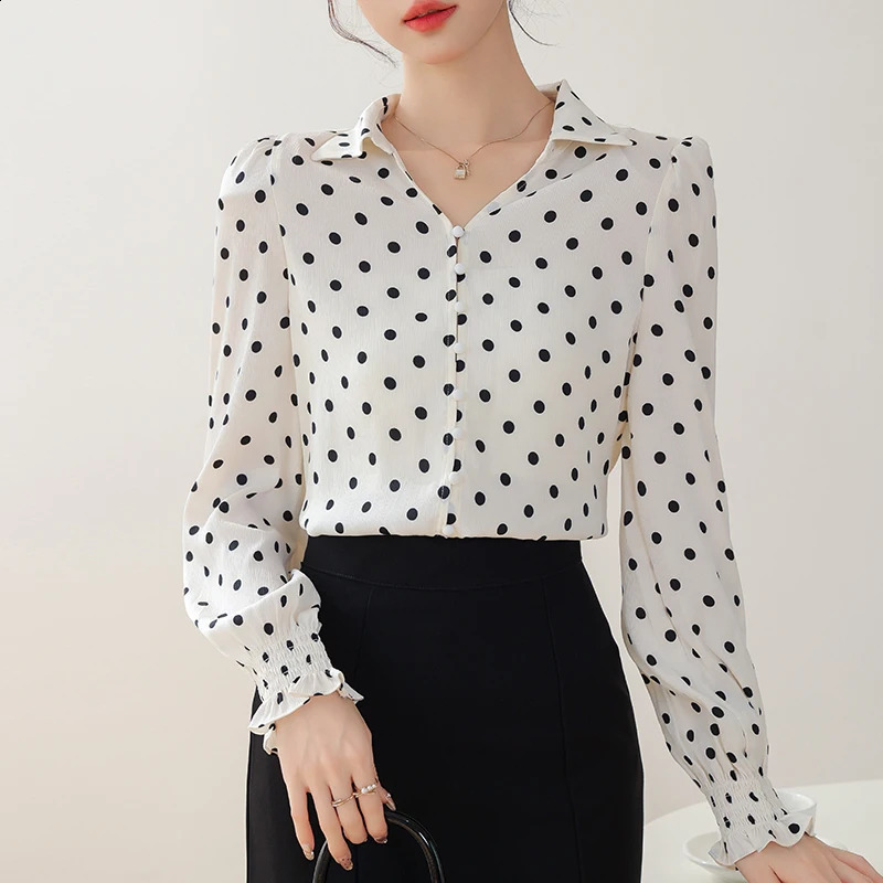 2025 Spring Casual Shirts Long Sleeve Turn Down Collar Fashion Women Shirt Dot Elegant Blouse Women Tops Camisas De Mujer N530 250421