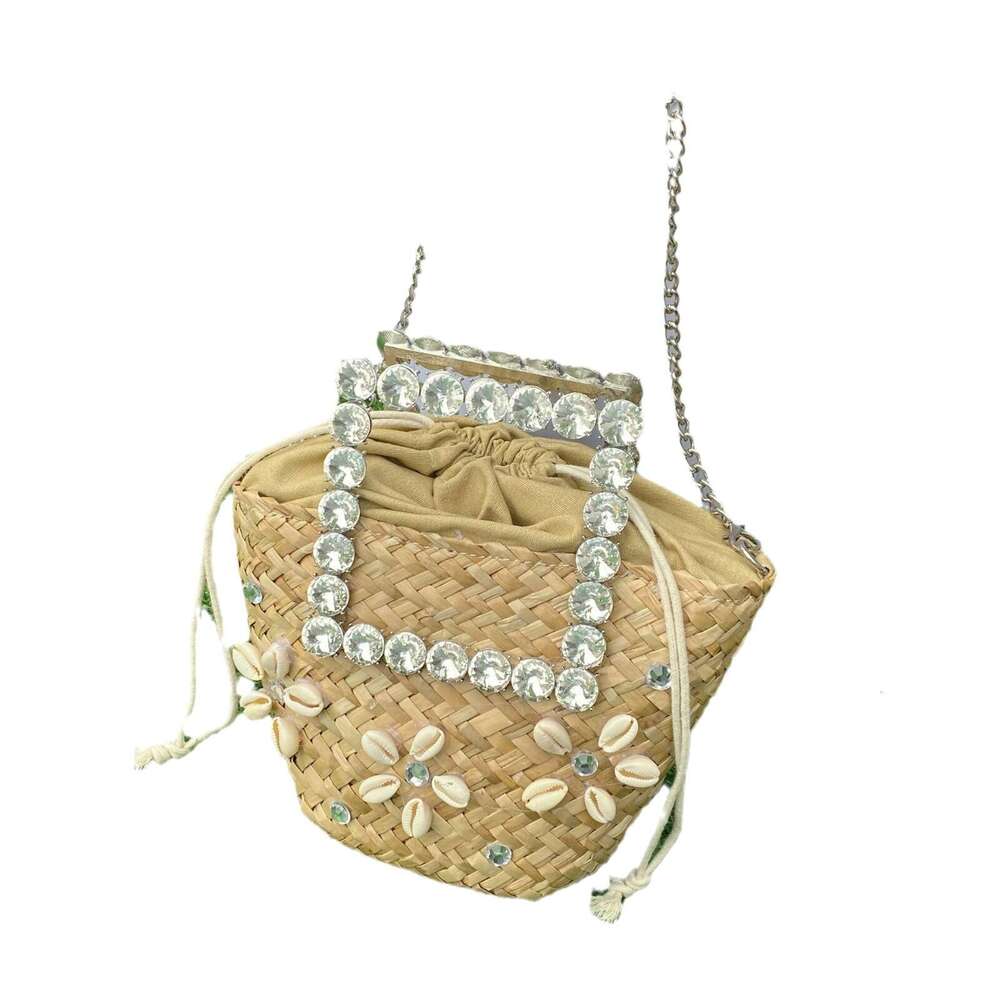 Ins Style Resort Beach Bag Vacation Beach Weaving Grass Woven Vegetable Basket Shining Diamond Love Flower Shell Water Bucket Hand Carrying Crossbody 