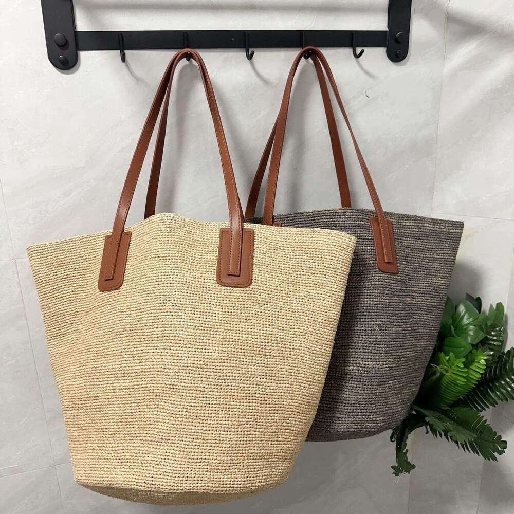 Ins Style Resort Beach Bag French Style Minimalist Leather Strap Lafite Grass Woven Women S Beach Vacation Large Capacity Shoulder Bag Tote Bag KQ
