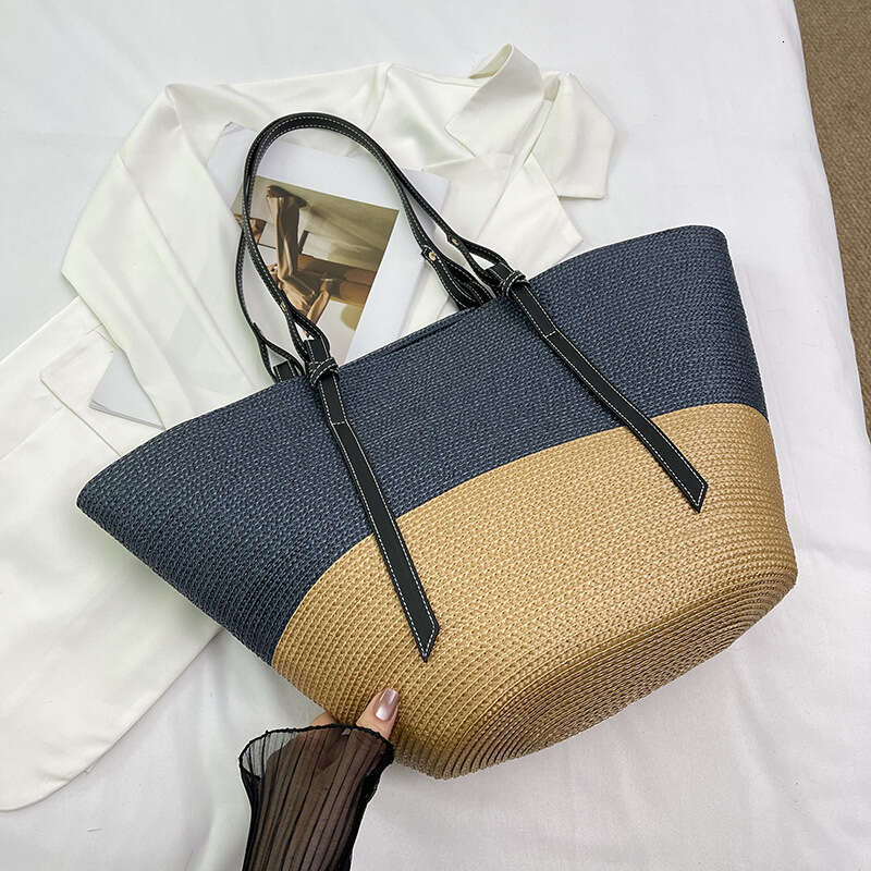 Ins Style Resort Beach Bag Summer Popular Color Blocking Large Capacity For Women New Beach Vacation Grass Woven Bag Single Shoulder Tote Bag KQ