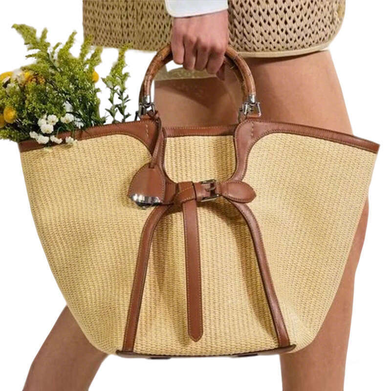Ins Style Resort Beach Bag Spring Summer New Canvas Straw Bamboo Handle Vegetable Basket Women S Butterfly Knot Handbag Beach Vacation KQ