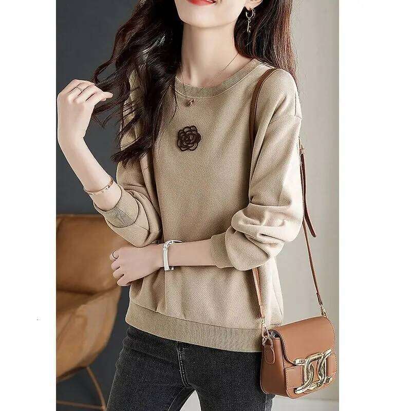 Gentle Style O-Neck Long Sleeve Embroidery Floral Spring Autumn New Sweatshirt Loose Basic Casual Solid Color All-Match Tops