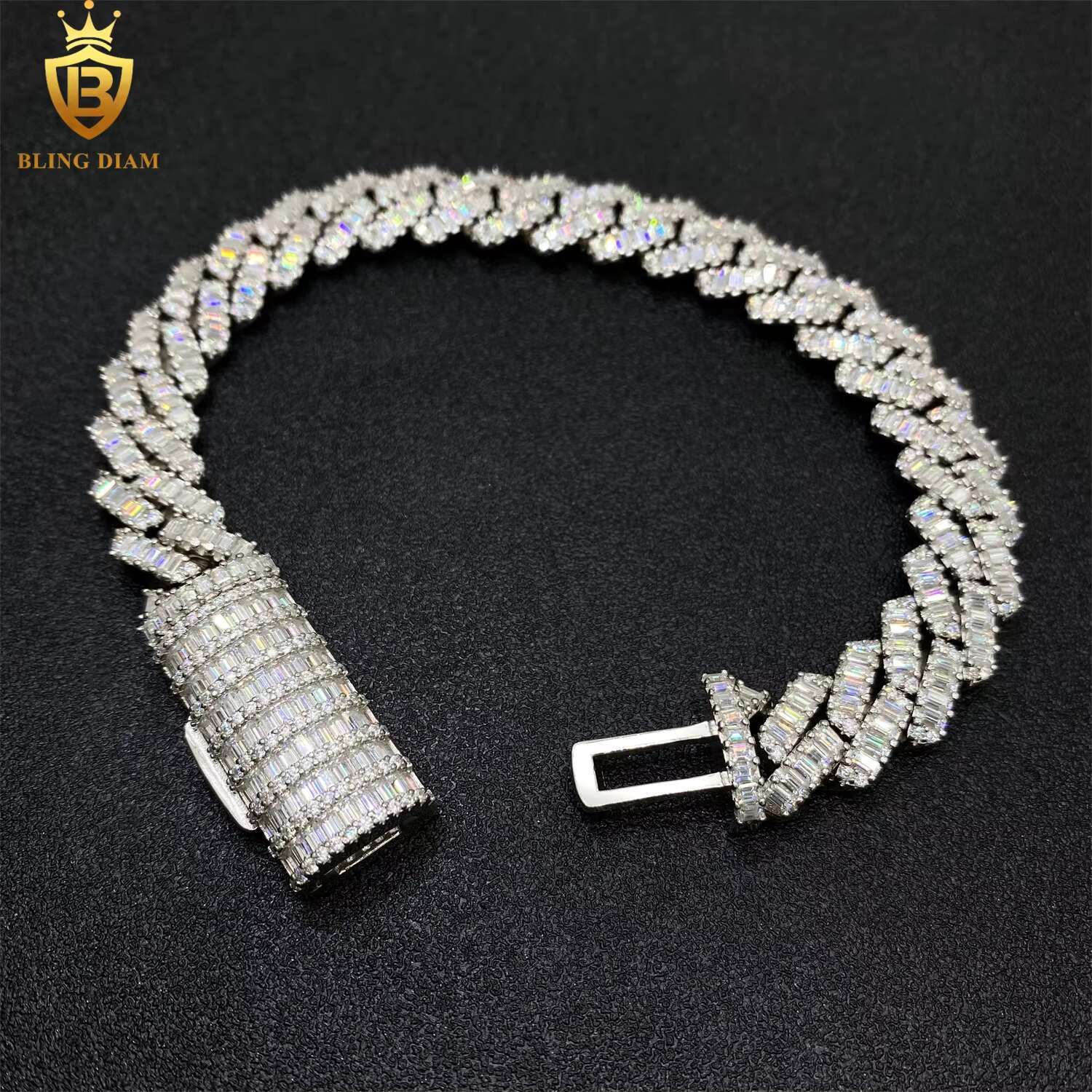 12mm Hip Hop Jewelry Sterling Sier Iced Out Moissanite Rectangular Bracelet Cuban Link Chain Pass Dia Tester