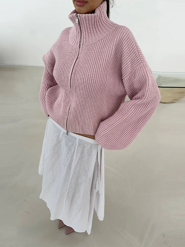 Casual Long Sleeve Zipper Knitted Coat Fashion Stand Collar Stripe Knitting Cardigan for Women Spring Autumn Female Sweater 251120