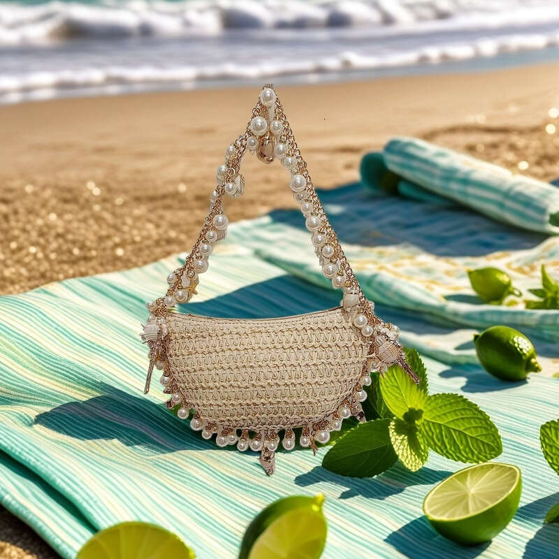 Ins Style Resort Beach Bag Seaside Vacation Tourism Conch Pentagram Handmade Grass Woven Semi Circular Fairy Tote Bag Armpit Handbag KQ