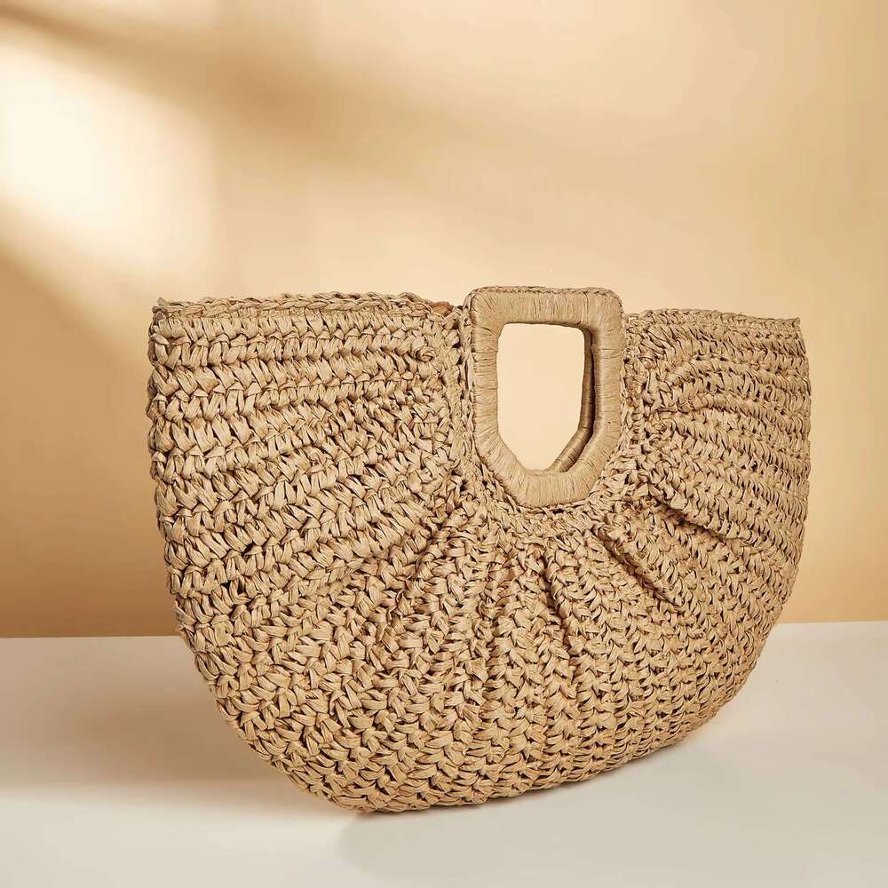 Wholesale Bohemian Fashion Lady Paper Straw Bucket Tote Handbag Summer Beach Retro Half Moon Shape Handmade Braid Clutch