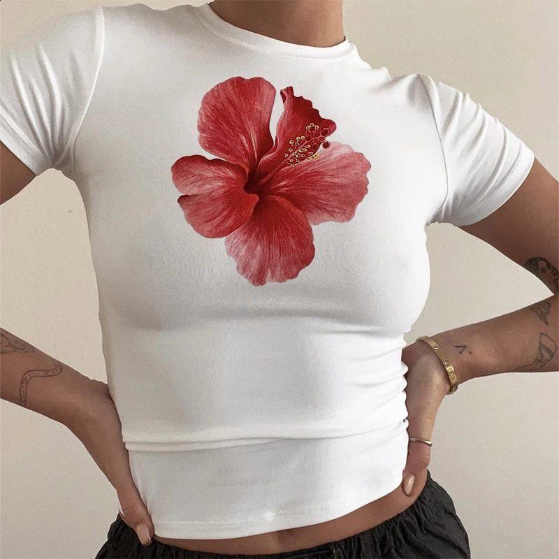 Floral print cute crop top retro womens Tshirt Gothic Grunge Emo girl slim baby Y2k clothing 250415Z