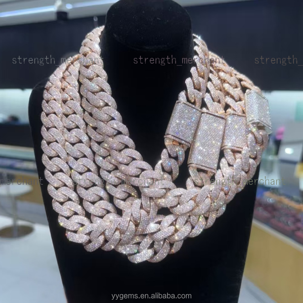 Hip Hop Iced Out Diamond Necklace 22mm Wide 18k Gold Plated Heavy Silver VVS Moissanite Cuban Link Chain for Men