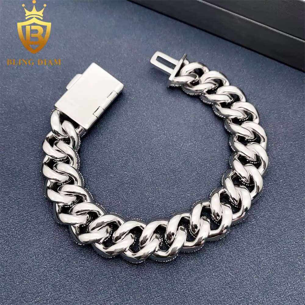 3 Row Iced Out Hip Hop 15mm Cuban Link Chain Bracelet Necklace Sterling Sier VVS Moissanite Pass Dia Tester